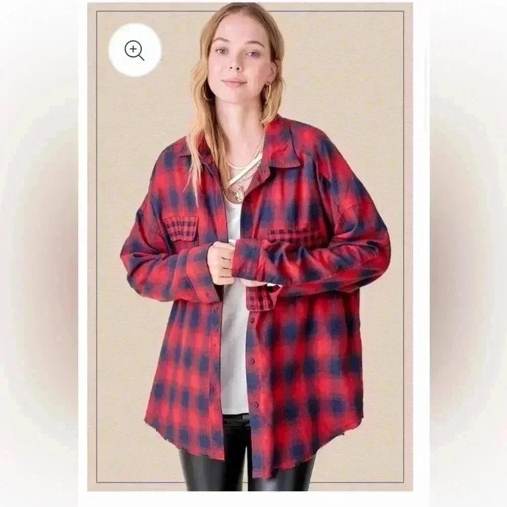 La Miel women’s oversized Button Down Plaid long sleeve shirt red blue sz small